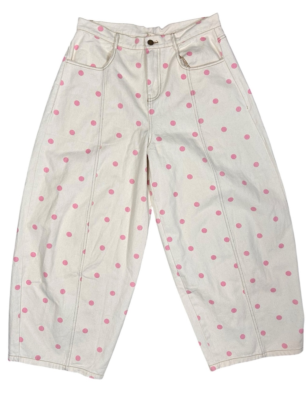 NEW Peach Love Barrel Jeans L Baggy Wide Leg Campus Closet Polka Dots - Picture 2 of 12
